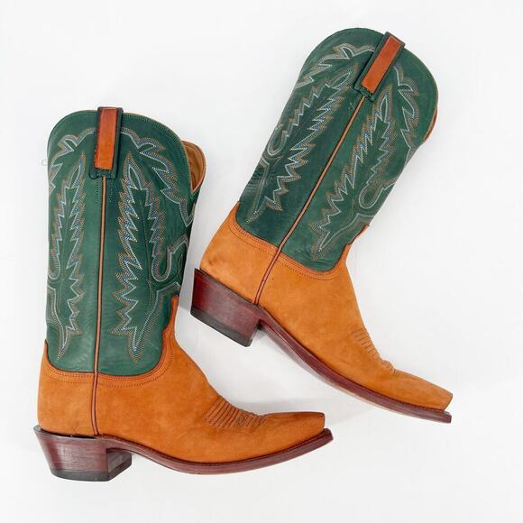 Vintage Lucchese Green Camel Tan Snip Toe Western Stitching Cowgirl Boot size 8 - Picture 3 of 11
